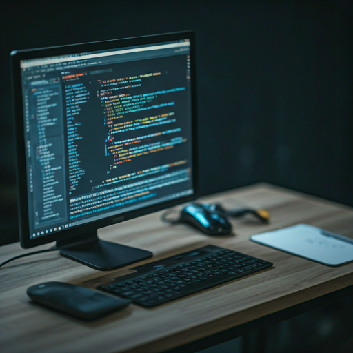 A developer workstation with glowing code on a dark screen